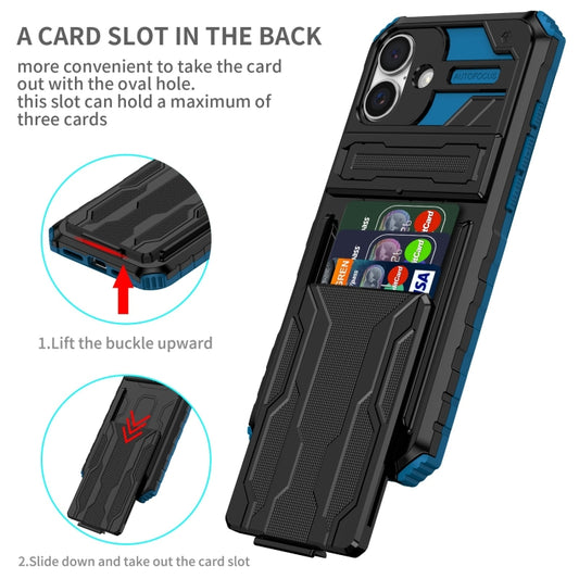 For iPhone 16 Kickstand Armor Card Wallet Phone Case(Blue) by buy2fix