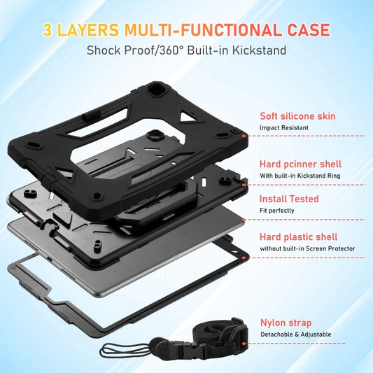 For iPad 10.2 2021 / 2020 / 2019 Legend Grip Holder Silicone Hybrid PC Tablet Case with Strap(Black) by buy2fix