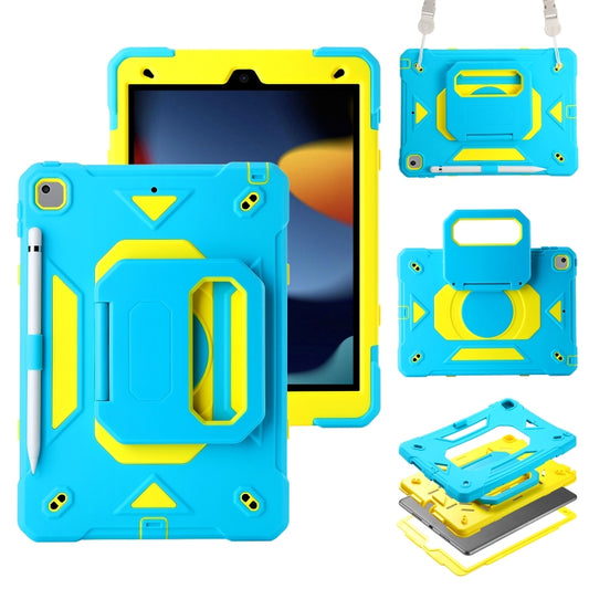 For iPad 10.2 2021 / 2020 / 2019 Legend Grip Holder Silicone Hybrid PC Tablet Case with Strap(Blue Fluorescent Yellow) - iPad 10.2 Cases by buy2fix | Online Shopping UK | buy2fix