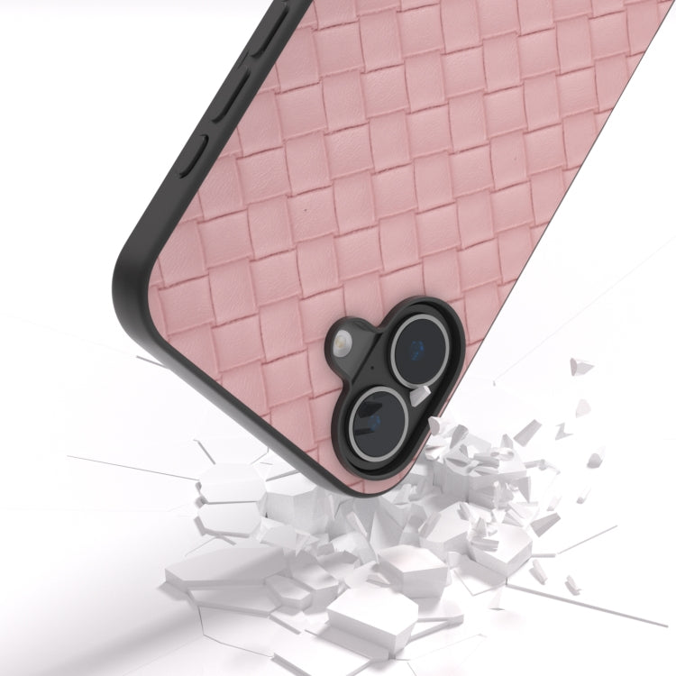 For iPhone 16 Black Frame Woven Texture PU Phone Case(Pink) - iPhone 16 Cases by buy2fix | Online Shopping UK | buy2fix