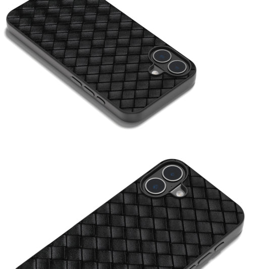 For iPhone 16 Plus Black Frame Woven Texture PU Phone Case(Black) by buy2fix