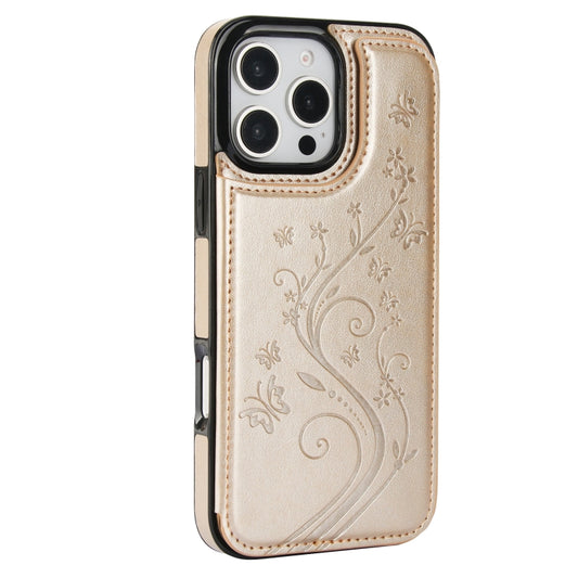 For iPhone 16 Pro Max Double Buckle Butterfly Embossing PU Phone Case(Gold) by buy2fix