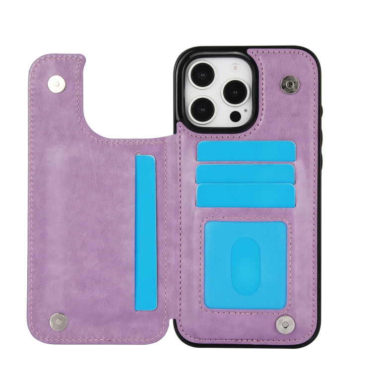 For iPhone 16 Pro Max Double Buckle Butterfly Embossing PU Phone Case(Purple) - iPhone 16 Pro Max Cases by buy2fix | Online Shopping UK | buy2fix