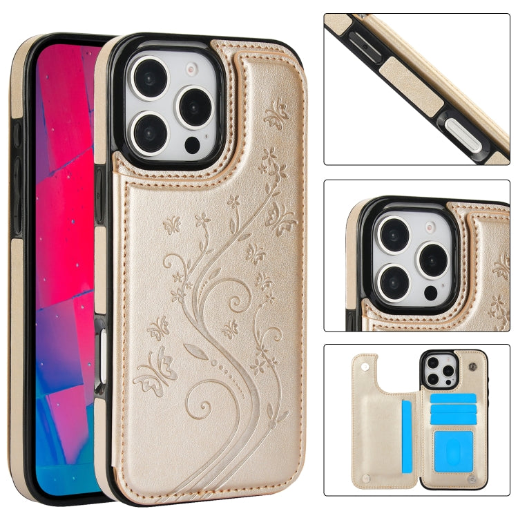 For iPhone 16 Pro Double Buckle Butterfly Embossing PU Phone Case(Gold) - iPhone 16 Pro Cases by buy2fix | Online Shopping UK | buy2fix