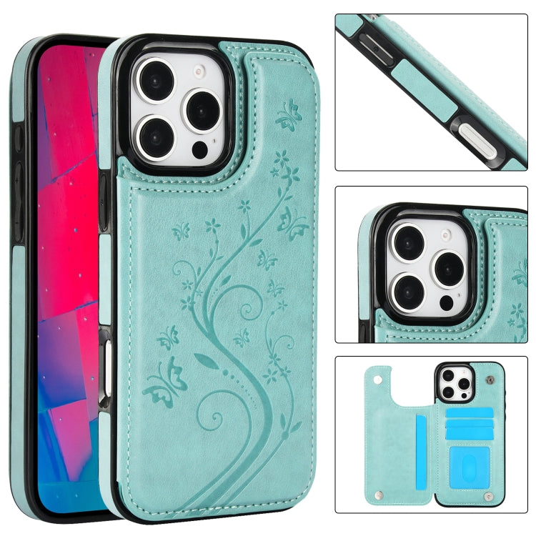 For iPhone 16 Pro Double Buckle Butterfly Embossing PU Phone Case(Green) - iPhone 16 Pro Cases by buy2fix | Online Shopping UK | buy2fix