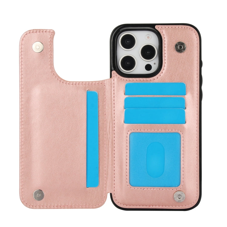 For iPhone 16 Pro Double Buckle Butterfly Embossing PU Phone Case(Rose Gold) - iPhone 16 Pro Cases by buy2fix | Online Shopping UK | buy2fix