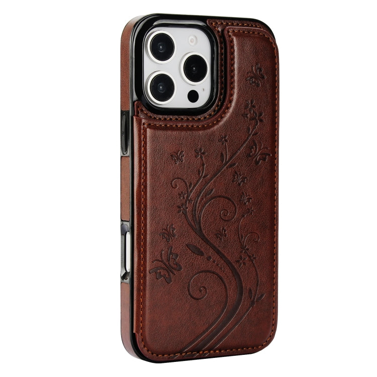 For iPhone 16 Pro Double Buckle Butterfly Embossing PU Phone Case(Brown) - iPhone 16 Pro Cases by buy2fix | Online Shopping UK | buy2fix