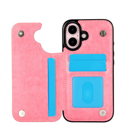 For iPhone 16 Plus Double Buckle Butterfly Embossing PU Phone Case(Pink) - iPhone 16 Plus Cases by buy2fix | Online Shopping UK | buy2fix