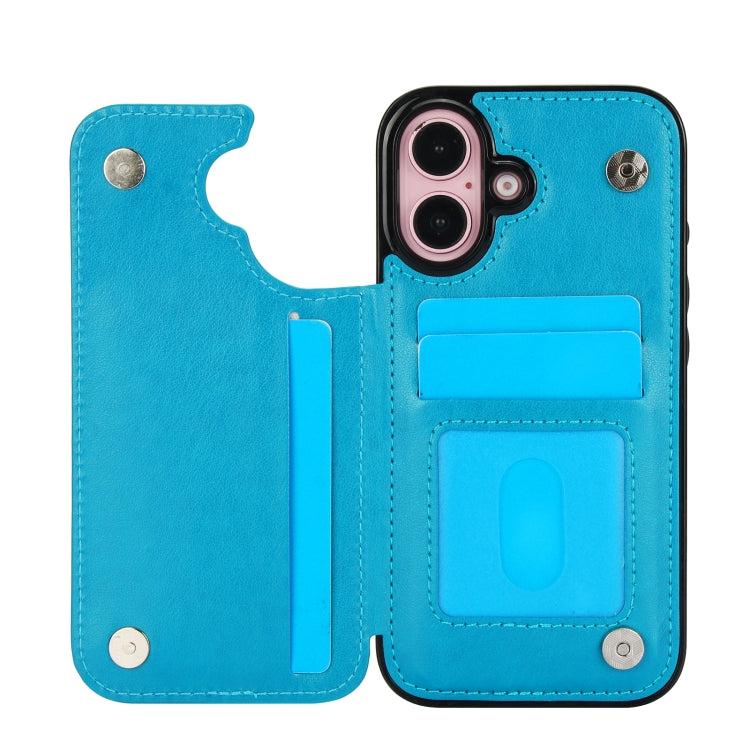 For iPhone 16 Plus Double Buckle Butterfly Embossing PU Phone Case(Blue) - iPhone 16 Plus Cases by buy2fix | Online Shopping UK | buy2fix