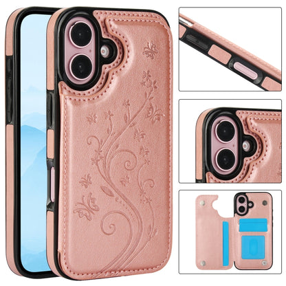 For iPhone 16 Plus Double Buckle Butterfly Embossing PU Phone Case(Rose Gold) - iPhone 16 Plus Cases by buy2fix | Online Shopping UK | buy2fix