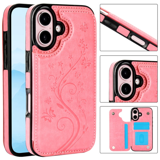 For iPhone 16 Double Buckle Butterfly Embossing PU Phone Case(Pink) - iPhone 16 Cases by buy2fix | Online Shopping UK | buy2fix