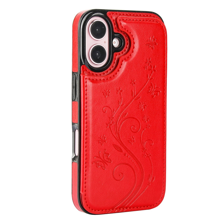 For iPhone 16 Double Buckle Butterfly Embossing PU Phone Case(Red) - iPhone 16 Cases by buy2fix | Online Shopping UK | buy2fix