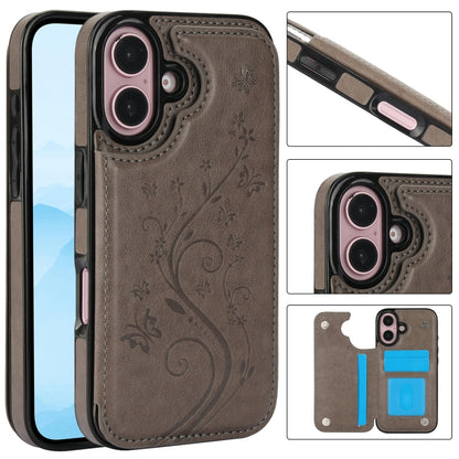 For iPhone 16 Double Buckle Butterfly Embossing PU Phone Case(Grey) - iPhone 16 Cases by buy2fix | Online Shopping UK | buy2fix