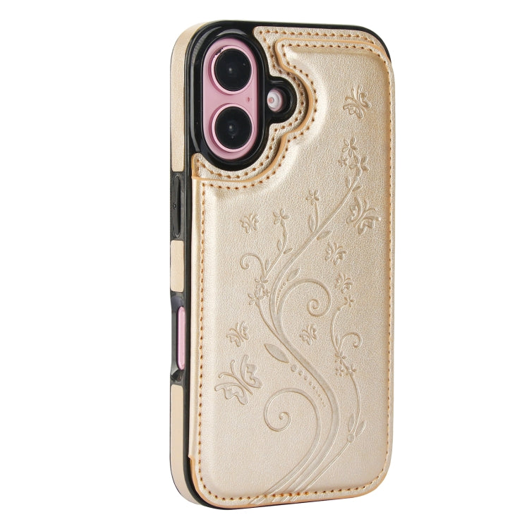 For iPhone 16 Double Buckle Butterfly Embossing PU Phone Case(Gold) - iPhone 16 Cases by buy2fix | Online Shopping UK | buy2fix