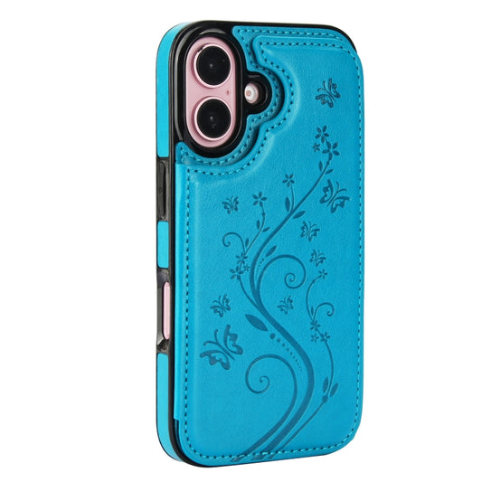 For iPhone 16 Double Buckle Butterfly Embossing PU Phone Case(Blue) by buy2fix
