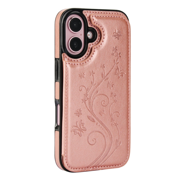 For iPhone 16 Double Buckle Butterfly Embossing PU Phone Case(Rose Gold) - iPhone 16 Cases by buy2fix | Online Shopping UK | buy2fix