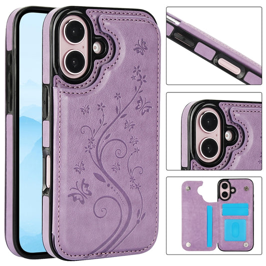 For iPhone 16 Double Buckle Butterfly Embossing PU Phone Case(Purple) - iPhone 16 Cases by buy2fix | Online Shopping UK | buy2fix