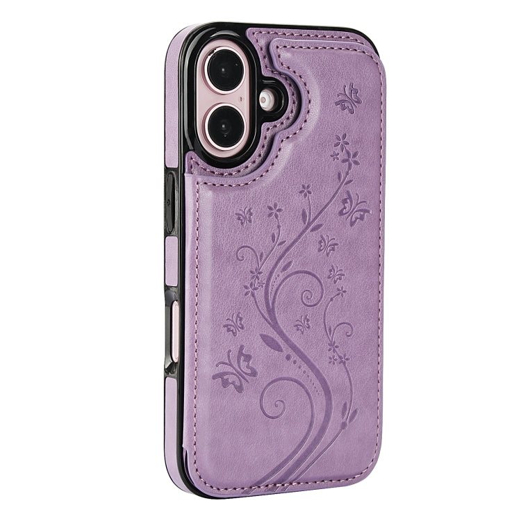 For iPhone 16 Double Buckle Butterfly Embossing PU Phone Case(Purple) - iPhone 16 Cases by buy2fix | Online Shopping UK | buy2fix