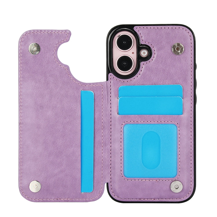 For iPhone 16 Double Buckle Butterfly Embossing PU Phone Case(Purple) - iPhone 16 Cases by buy2fix | Online Shopping UK | buy2fix