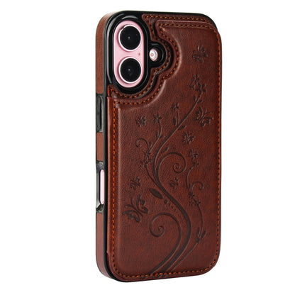 For iPhone 16 Double Buckle Butterfly Embossing PU Phone Case(Brown) - iPhone 16 Cases by buy2fix | Online Shopping UK | buy2fix