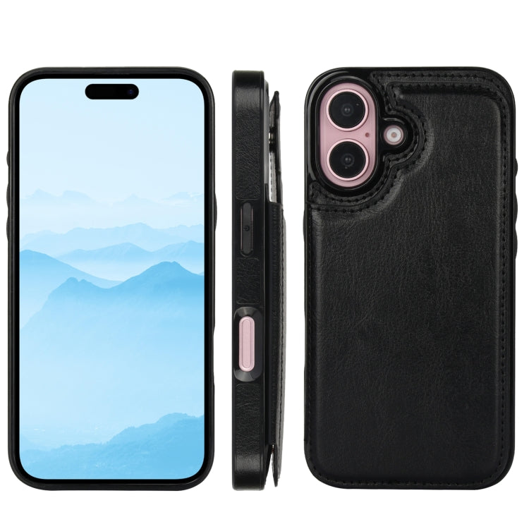 For iPhone 16 Double Buckle Crazy Horse Texture PU Phone Case(Black) - iPhone 16 Cases by buy2fix | Online Shopping UK | buy2fix