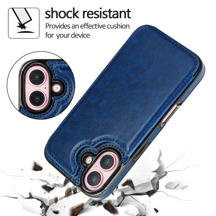 For iPhone 16 Double Buckle Crazy Horse Texture PU Phone Case(Blue) - iPhone 16 Cases by buy2fix | Online Shopping UK | buy2fix