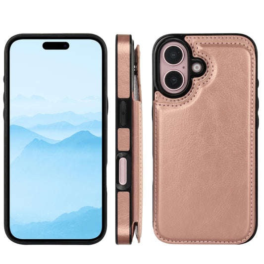 For iPhone 16 Double Buckle Crazy Horse Texture PU Phone Case(Rose Gold) by buy2fix