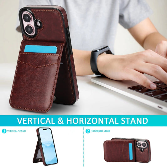 For iPhone 16 Solid Color Card Slots Bracket PU Phone Case(Brown) by buy2fix