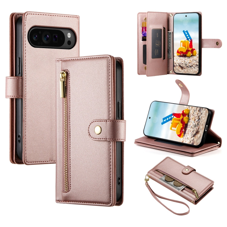 For Google Pixel 9 Pro XL Nine Card-slot Zipper Wallet Bag Leather Phone Case(Pink) - Google Cases by buy2fix | Online Shopping UK | buy2fix