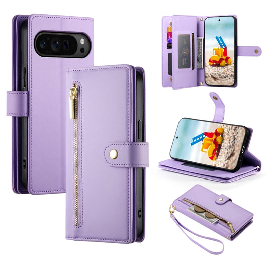 For Google Pixel 9 Pro XL Nine Card-slot Zipper Wallet Bag Leather Phone Case(Purple) by buy2fix