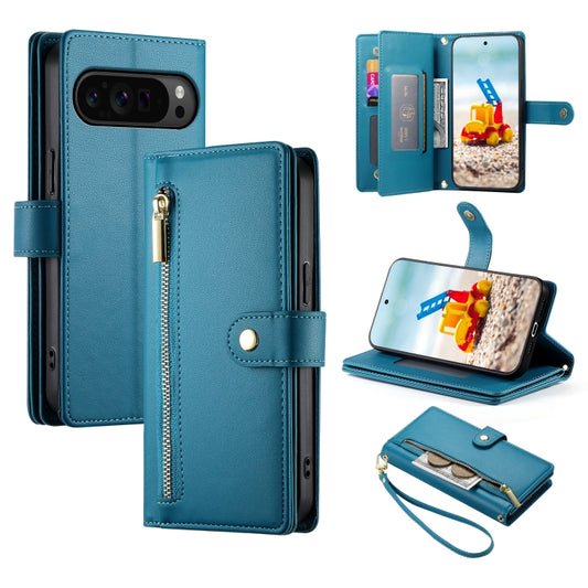 For Google Pixel 9 Pro XL Nine Card-slot Zipper Wallet Bag Leather Phone Case(Blue) by buy2fix