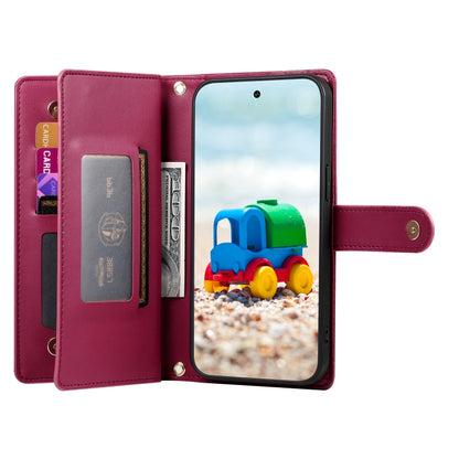 For Google Pixel 9 / 9 Pro Nine Card-slot Zipper Wallet Bag Leather Phone Case(Red) - Google Cases by buy2fix | Online Shopping UK | buy2fix