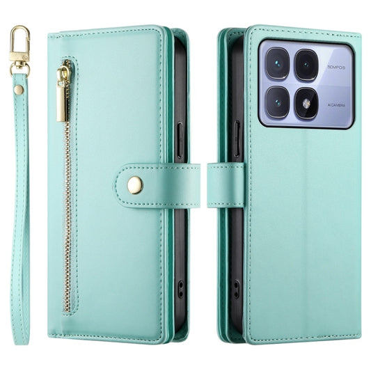 For Redmi K70 Ultra Nine Card-slot Zipper Wallet Bag Leather Phone Case(Mint Green) by buy2fix