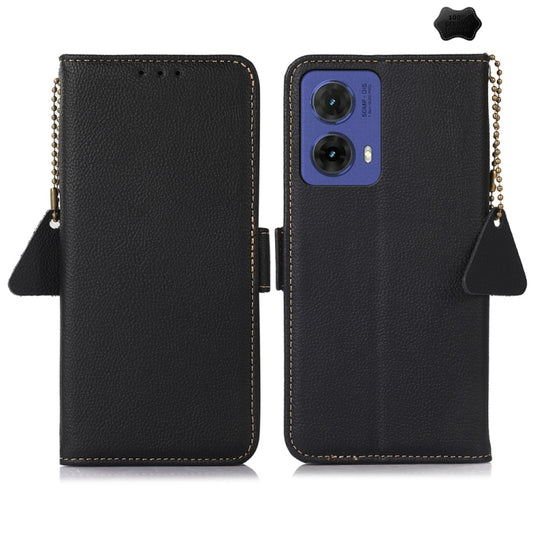 For Motorola Moto G85 Side-Magnetic TJ Genuine Leather RFID Phone Case(Black) - Motorola Cases by buy2fix | Online Shopping UK | buy2fix