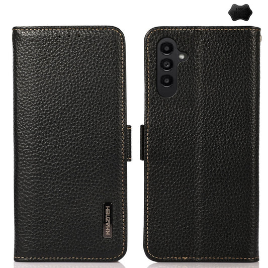 For Samsung Galaxy S24 FE 5G KHAZNEH Side-Magnetic Litchi Genuine Leather RFID Phone Case(Black) - Galaxy S24 FE 5G Cases by buy2fix | Online Shopping UK | buy2fix