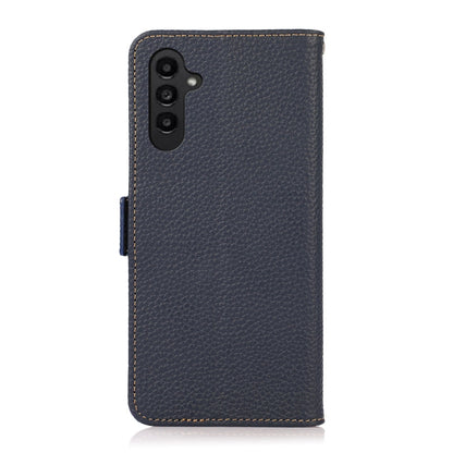 For Samsung Galaxy S24 FE 5G KHAZNEH Side-Magnetic Litchi Genuine Leather RFID Phone Case(Blue) - Galaxy S24 FE 5G Cases by buy2fix | Online Shopping UK | buy2fix