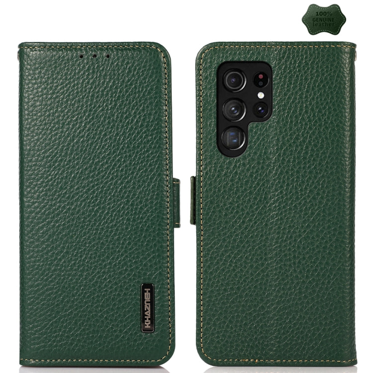 For Samsung Galaxy S25 Ultra 5G KHAZNEH Side-Magnetic Litchi Genuine Leather RFID Phone Case(Green) - Galaxy S25 Ultra 5G Cases by buy2fix | Online Shopping UK | buy2fix