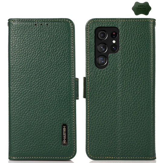 For Samsung Galaxy S25 Ultra 5G KHAZNEH Side-Magnetic Litchi Genuine Leather RFID Phone Case(Green)