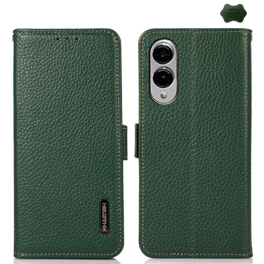 For Samsung Galaxy S25 Edge 5G KHAZNEH Side-Magnetic Litchi Genuine Leather RFID Phone Case(Green) - Galaxy S25 Edge 5G Cases by buy2fix | Online Shopping UK | buy2fix