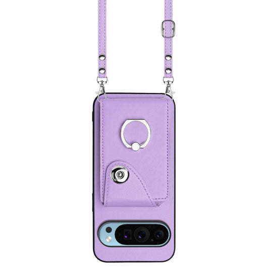 For Google Pixel 9 / 9 Pro Organ Card Bag Ring Holder Phone Case with Long Lanyard(Purple) by buy2fix