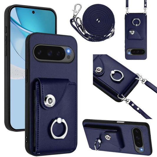 For Google Pixel 10 Pro XL Organ Card Bag Ring Holder Phone Case with Long Lanyard(Blue) - Google Cases by buy2fix | Online Shopping UK | buy2fix