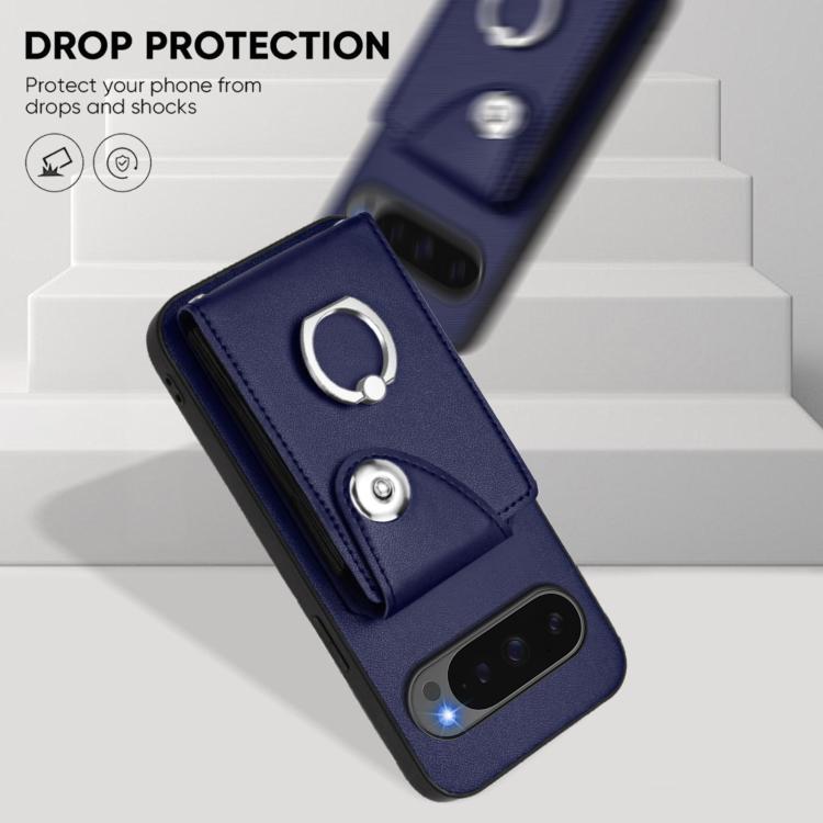 For Google Pixel 10 Pro XL Organ Card Bag Ring Holder Phone Case with Long Lanyard(Blue) - Google Cases by buy2fix | Online Shopping UK | buy2fix