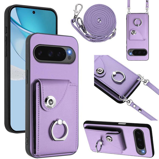 For Google Pixel 10 / 10 Pro Organ Card Bag Ring Holder Phone Case with Long Lanyard(Purple) - Google Cases by buy2fix | Online Shopping UK | buy2fix