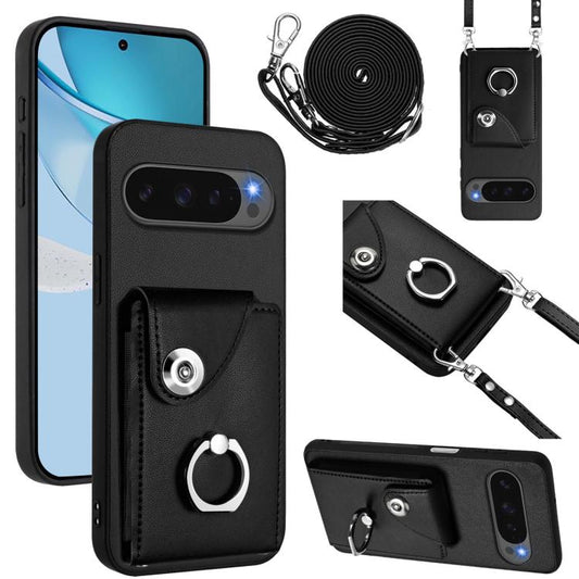 For Google Pixel 10 / 10 Pro Organ Card Bag Ring Holder Phone Case with Long Lanyard(Black) - Google Cases by buy2fix | Online Shopping UK | buy2fix