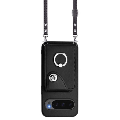 For Google Pixel 10 / 10 Pro Organ Card Bag Ring Holder Phone Case with Long Lanyard(Black) - Google Cases by buy2fix | Online Shopping UK | buy2fix