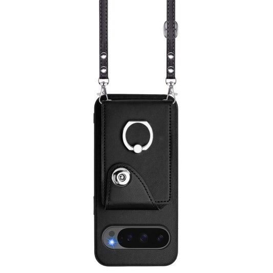For Google Pixel 10 / 10 Pro Organ Card Bag Ring Holder Phone Case with Long Lanyard(Black) - Google Cases by buy2fix | Online Shopping UK | buy2fix