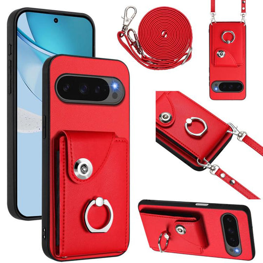 For Google Pixel 10 / 10 Pro Organ Card Bag Ring Holder Phone Case with Long Lanyard(Red)