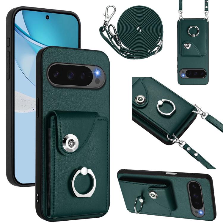 For Google Pixel 10 / 10 Pro Organ Card Bag Ring Holder Phone Case with Long Lanyard(Green) - Google Cases by buy2fix | Online Shopping UK | buy2fix