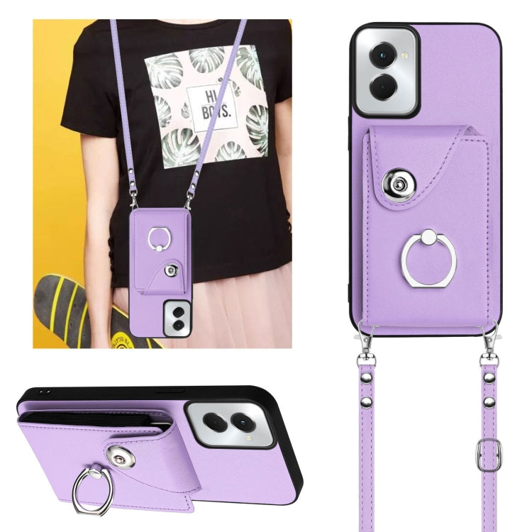 For Motorola Moto G Stylus 5G 2024 Organ Card Bag Ring Holder Phone Case with Long Lanyard(Purple) - Motorola Cases by buy2fix | Online Shopping UK | buy2fix