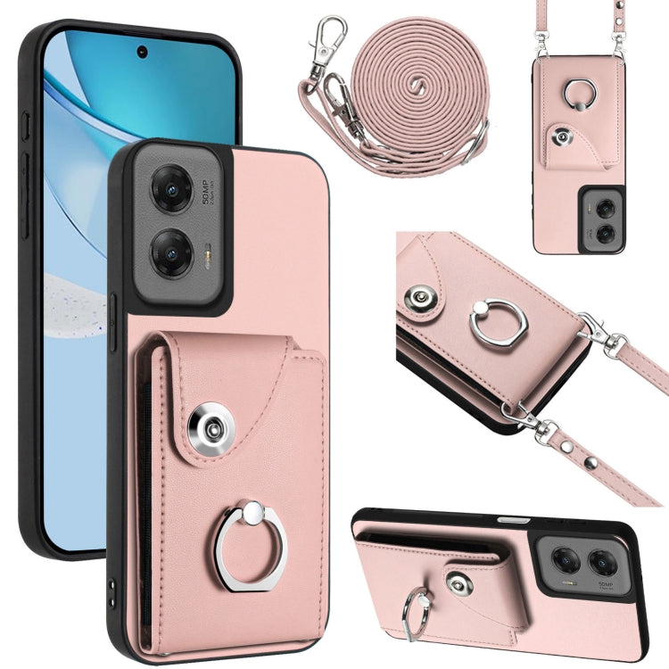 For Motorola Moto G Stylus 5G 2024 Organ Card Bag Ring Holder Phone Case with Long Lanyard(Pink) - Motorola Cases by buy2fix | Online Shopping UK | buy2fix